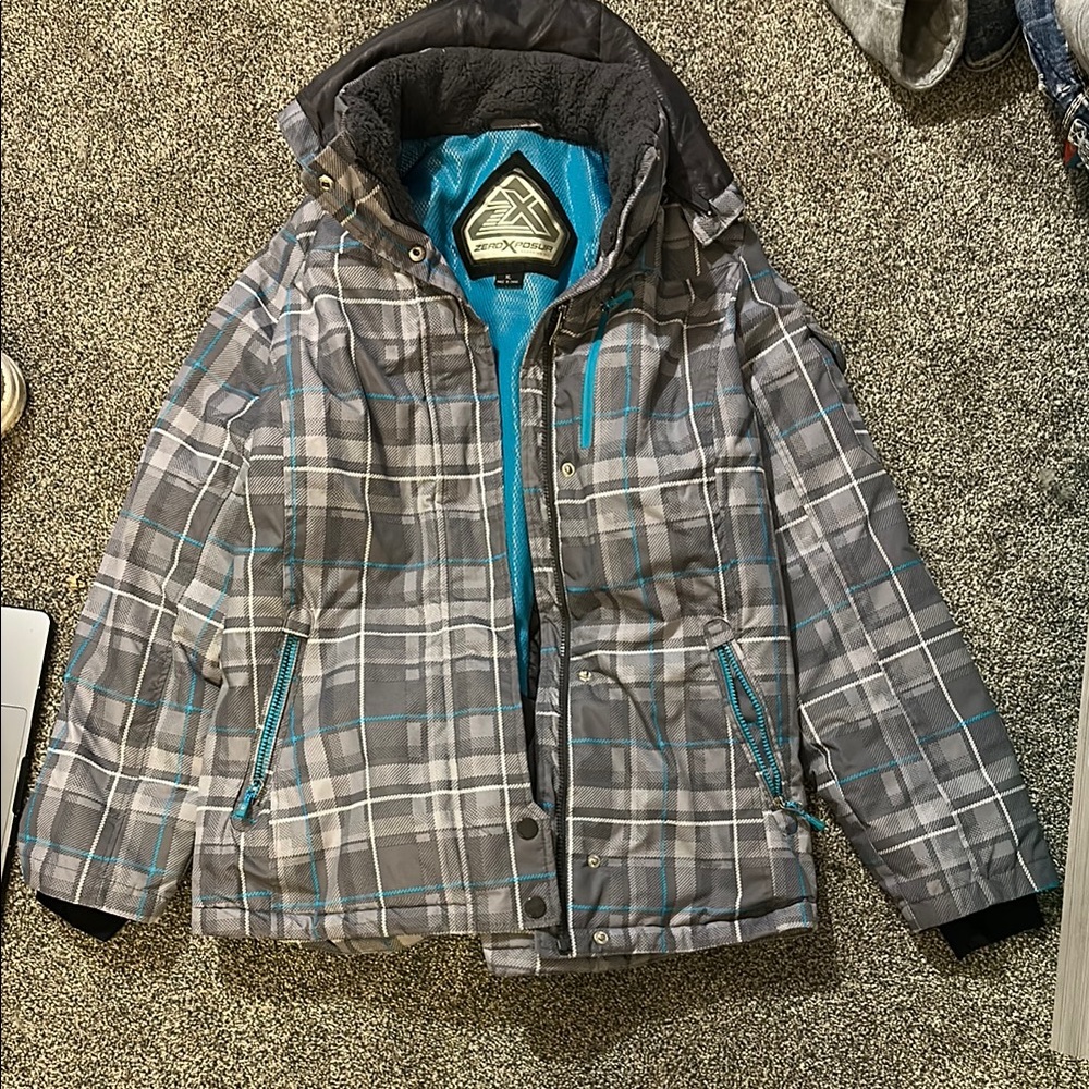 ZeroXposur Gray and Blue Plaid Kids Puffer Jacket